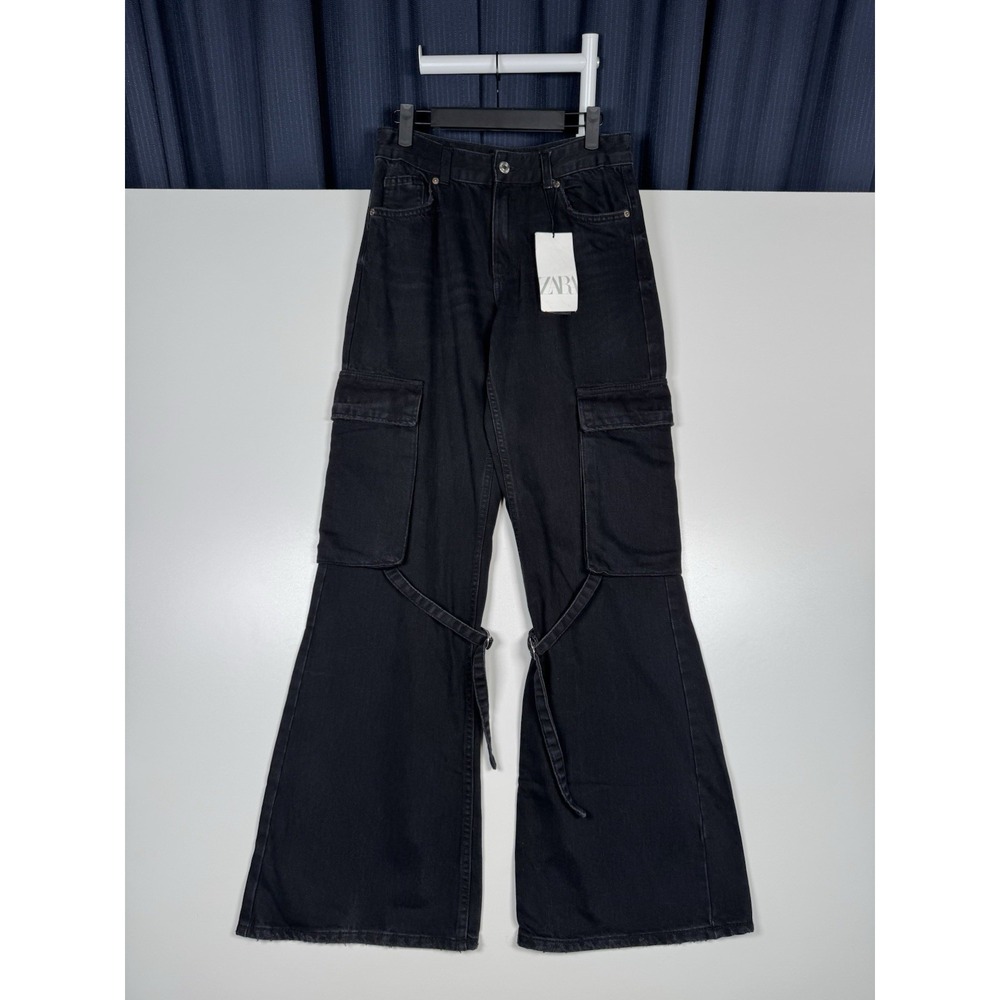NEW - ZARA Black Cargo Wide Leg Jeans Straps - Women's 2 - Inseam 32" - Read